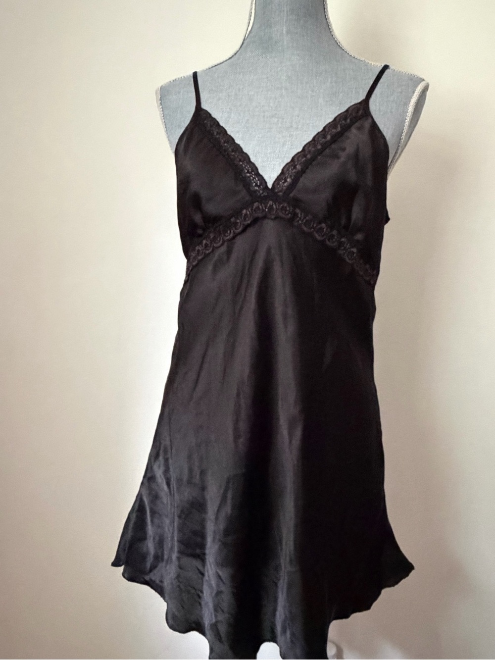 Y2K Black Satin Brown Lace-Trim Slip Dress - Picture 1 of 7